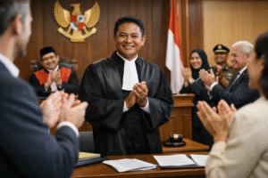 A victorious lawyer during a legal trial, standing near the judge’s bench as the audience applauds.