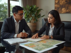 Foreign investor consulting a local Bali property lawyer about land ownership, legal documents and zoning map on desk, modern office interior with Balinese cultural accents, serious and professional mood, ultra realistic, editorial photography style, no text