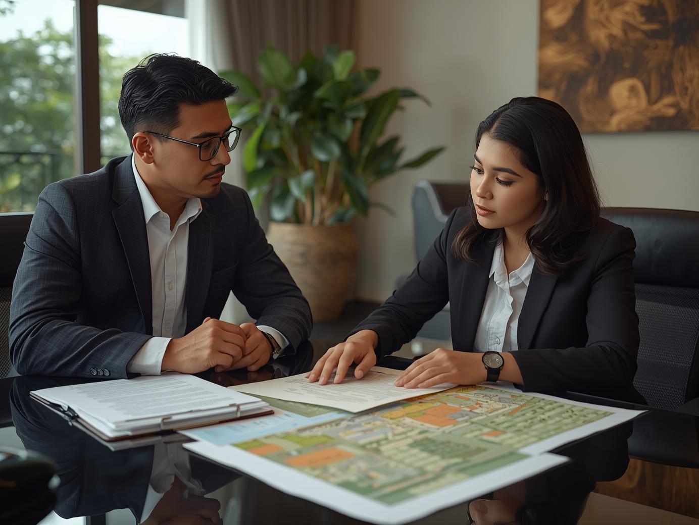 Foreign investor consulting a local Bali property lawyer about land ownership, legal documents and zoning map on desk, modern office interior with Balinese cultural accents, serious and professional mood, ultra realistic, editorial photography style, no text